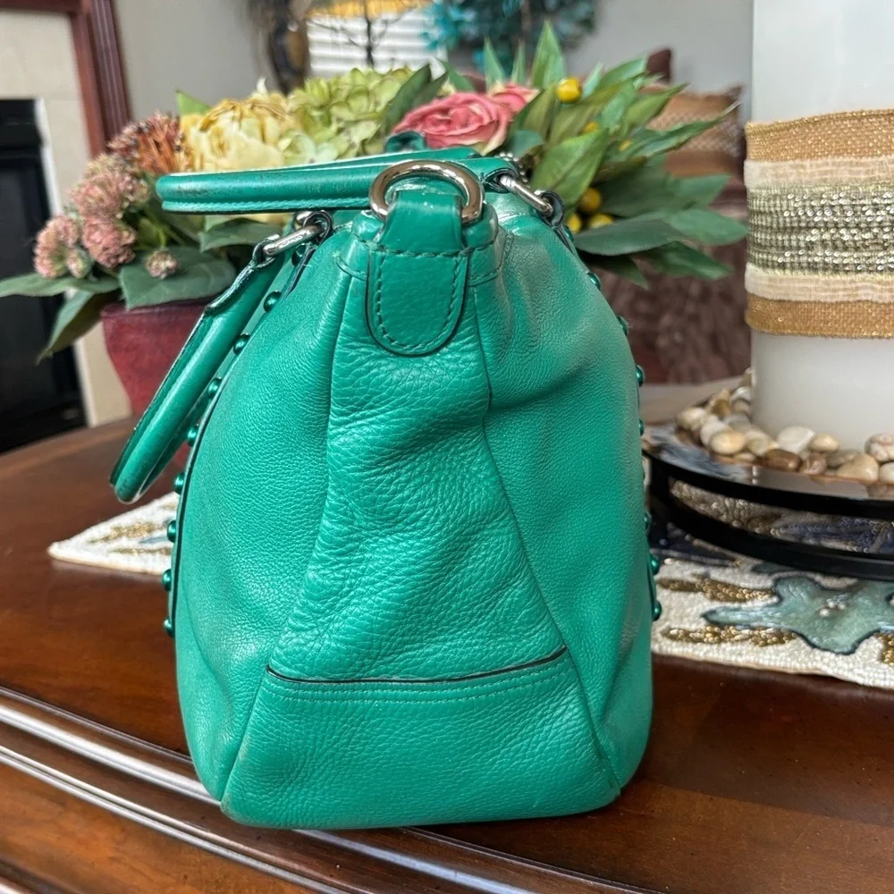 Coach Green Leather Handbag Central Satchel Rivet Leaf Enamel Studded